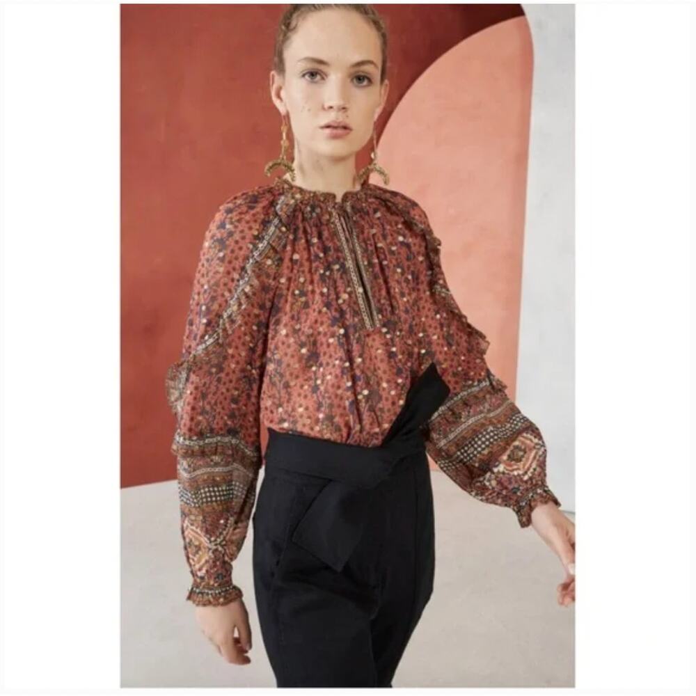 Ulla Johnson Calista Blouse Peasant Top Silk Blend Midnight Red Brown Size 2